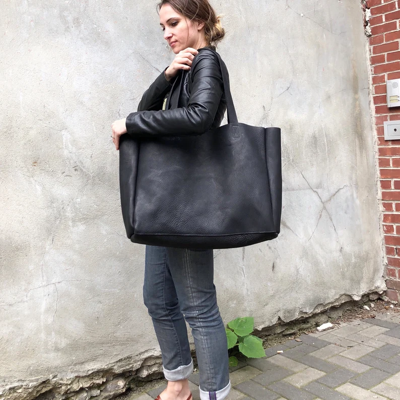 Extra large black leather tote bag