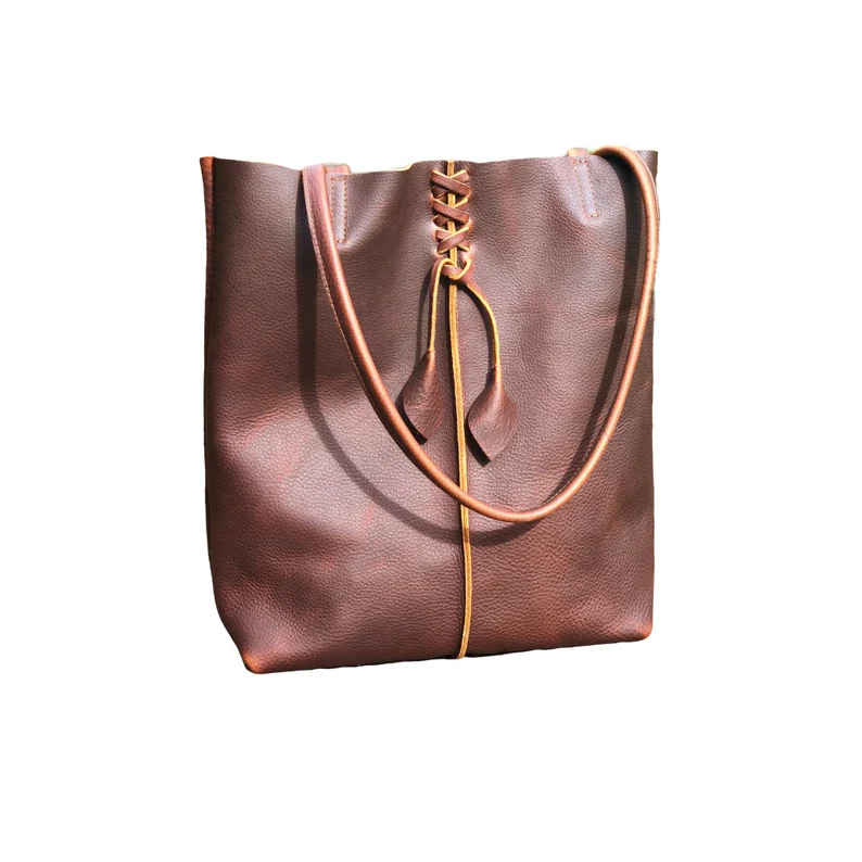 Tall brown leather tote tassels